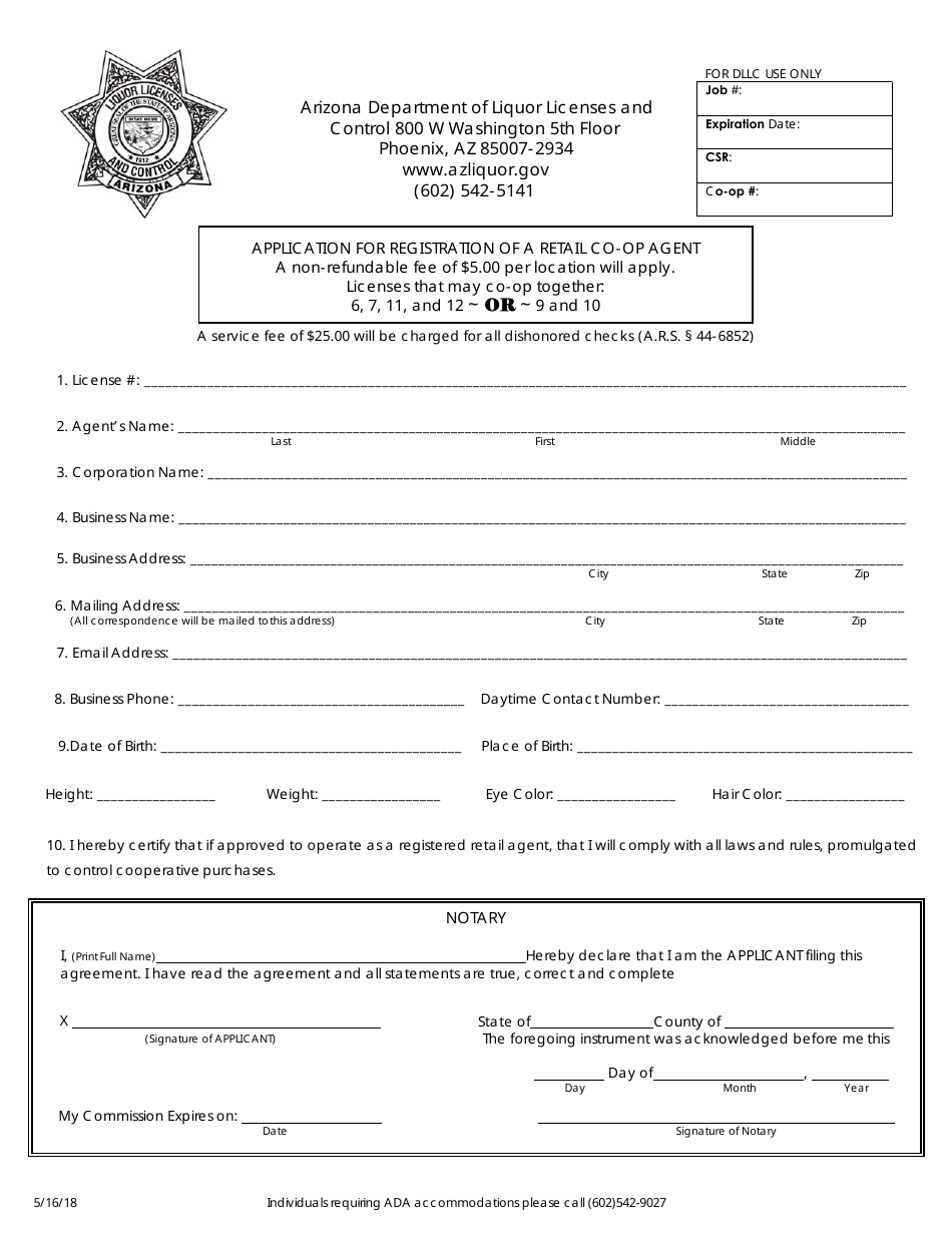 Application for Registration of a Retail Co-op Agent - Arizona, Page 1