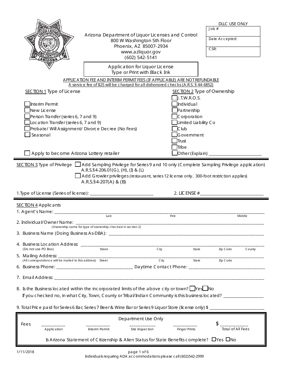 Application for Liquor License - Arizona, Page 1