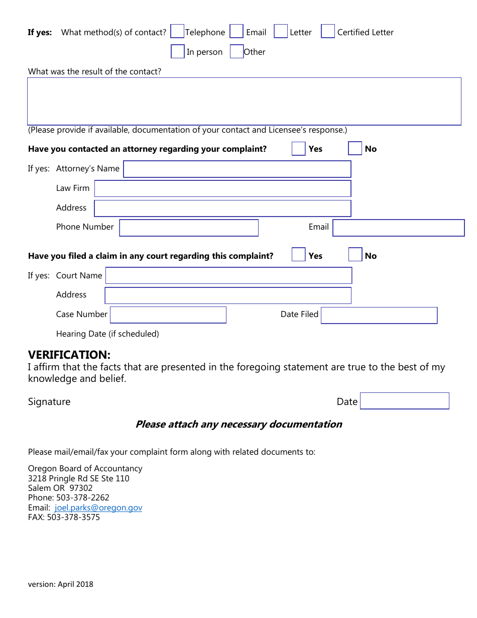 Complaint Form - Oregon, Page 3
