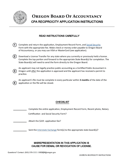 CPA Reciprocity Application Form - Oregon Download Pdf