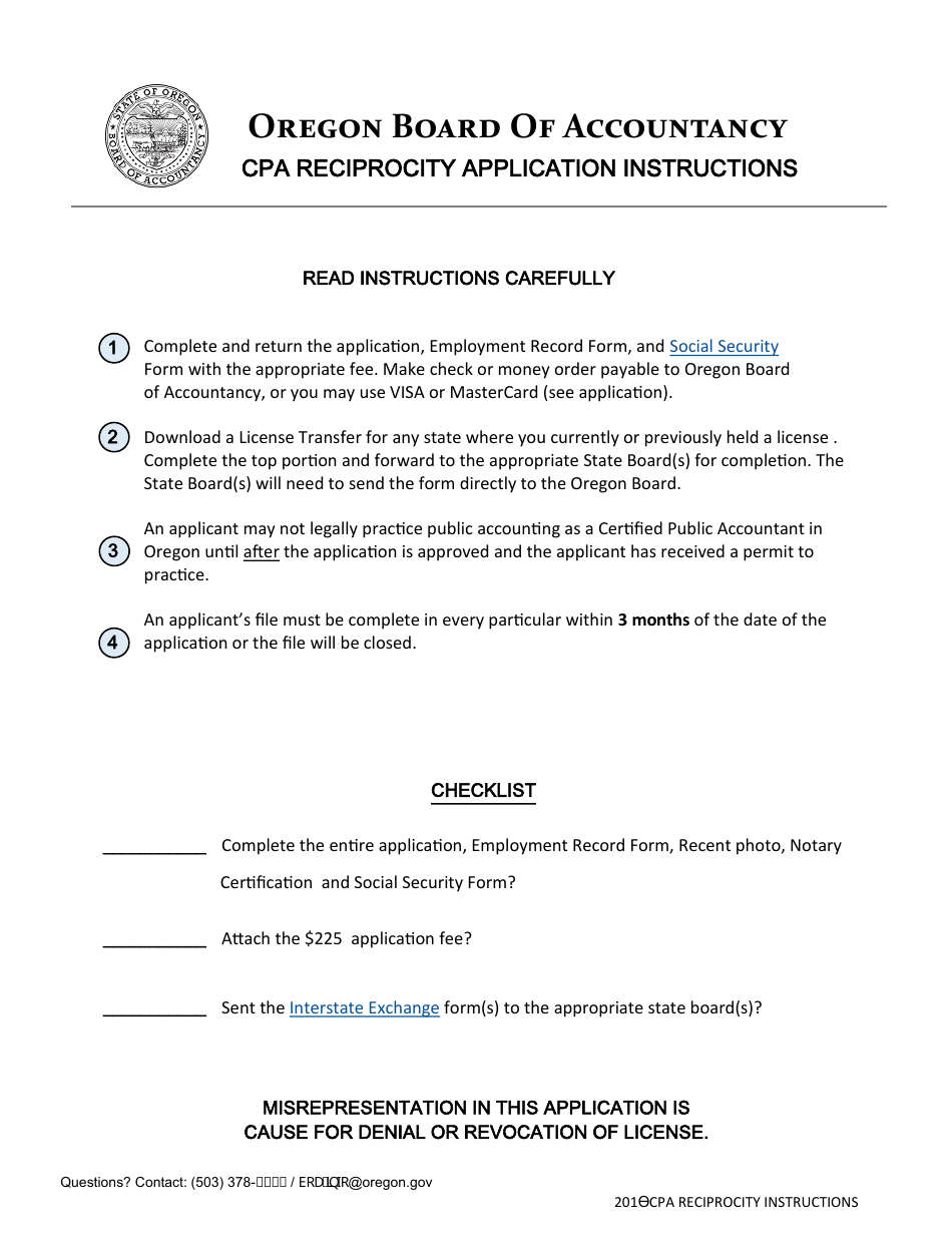 CPA Reciprocity Application Form - Oregon, Page 1