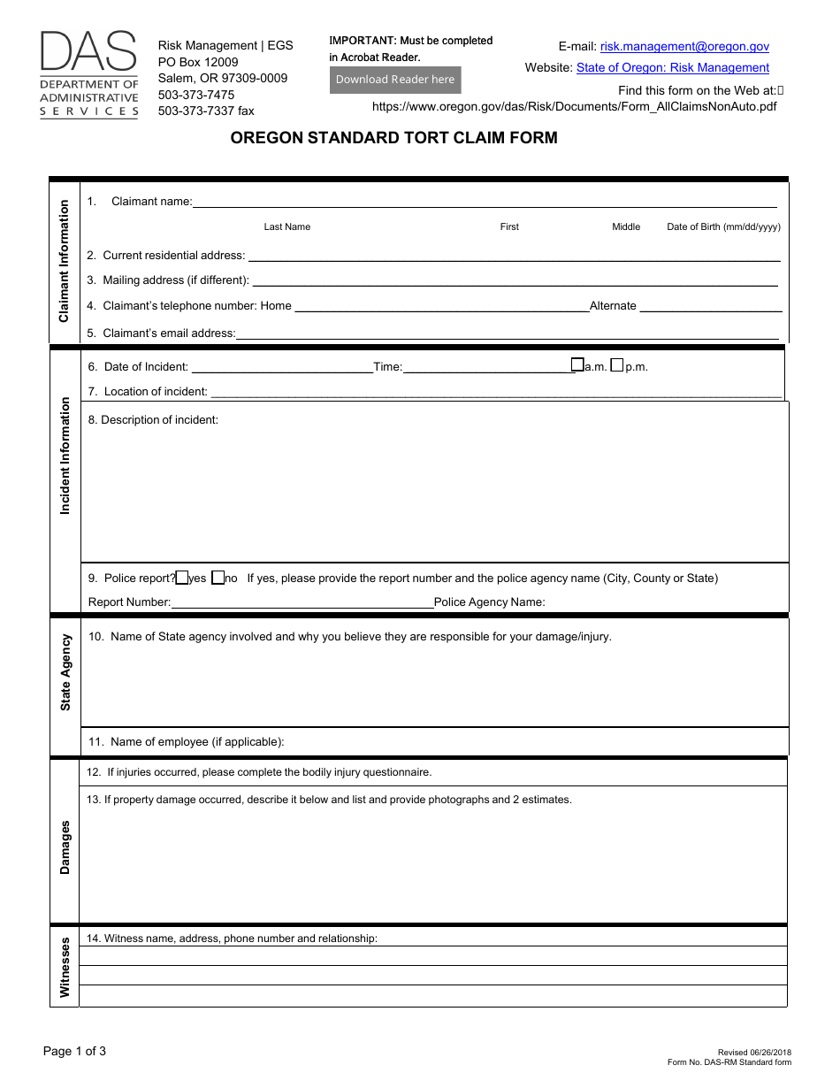 Form DAS-RM Oregon Standard Tort Claim Form - Oregon, Page 1