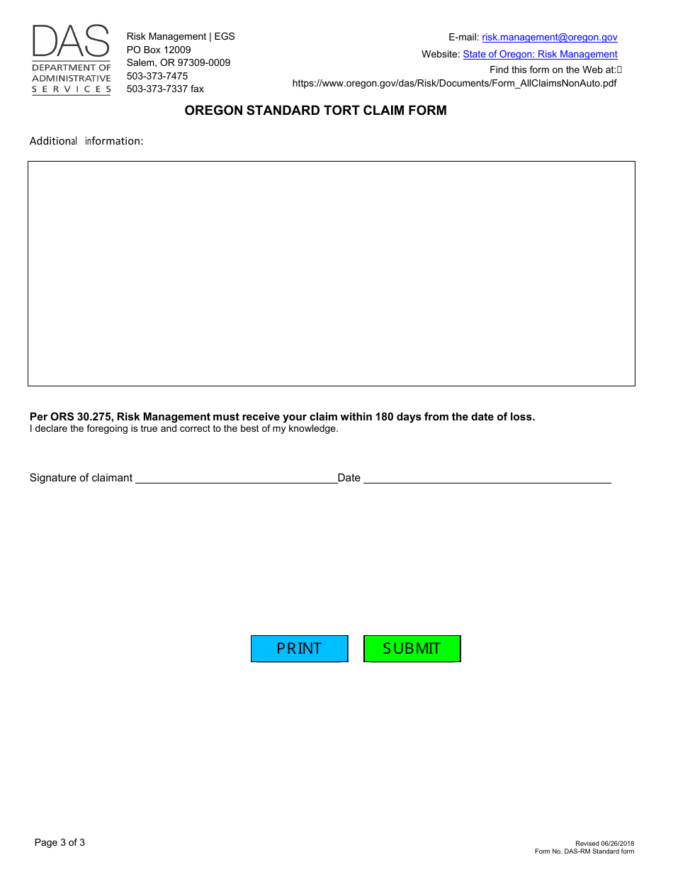 Form DAS-RM Oregon Standard Tort Claim Form - Oregon, Page 3