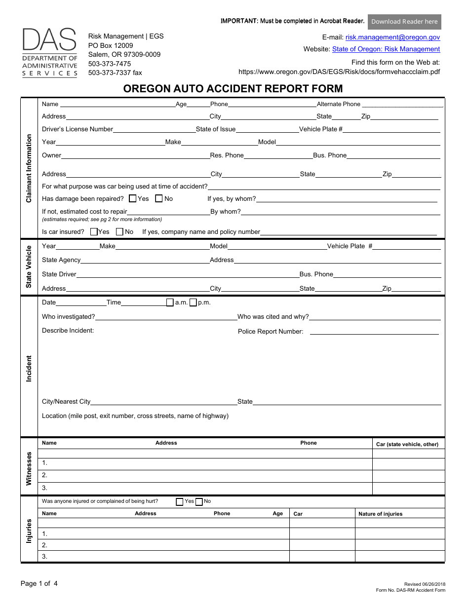 Form DAS-RM Oregon Auto Accident Report Form - Oregon, Page 1