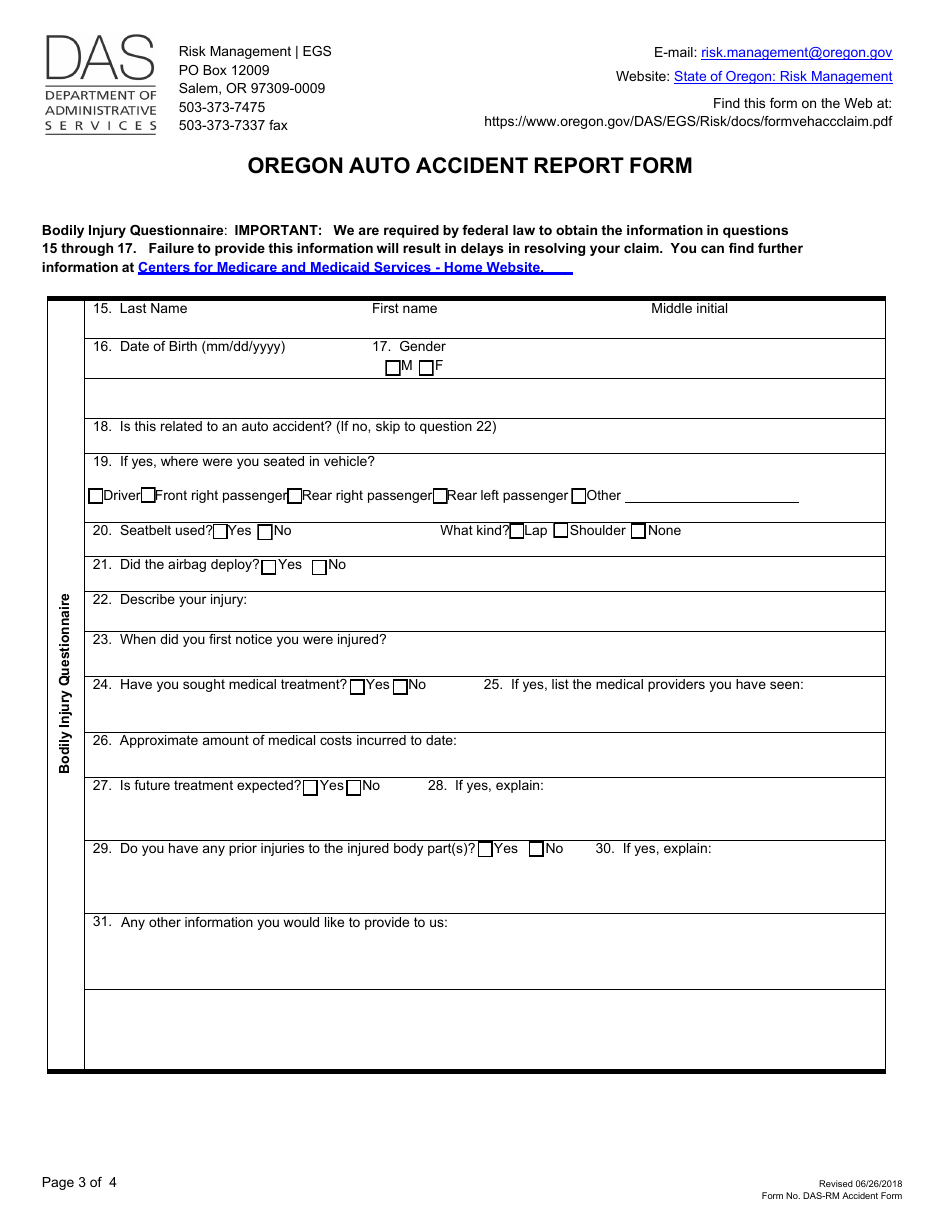 Form DAS-RM Oregon Auto Accident Report Form - Oregon, Page 3