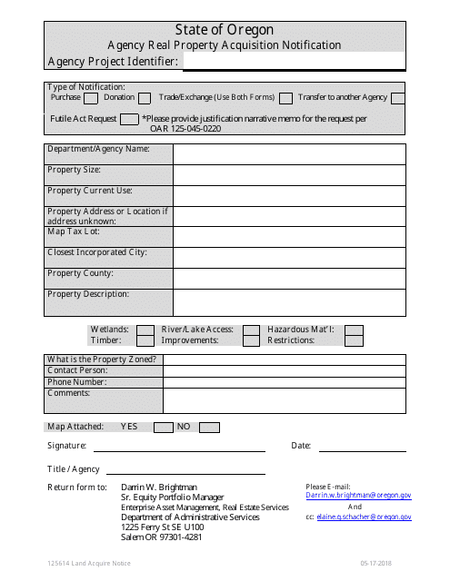 Agency Real Property Acquisition Notification Form - Oregon Download Pdf