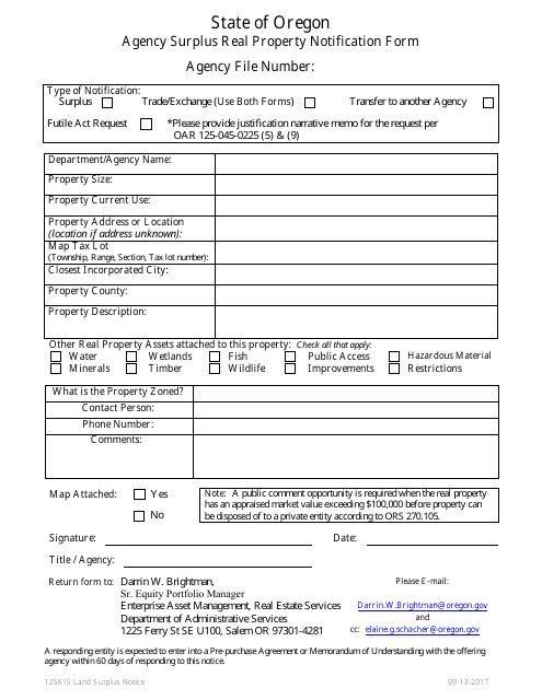 Agency Surplus Real Property Notification Form - Oregon