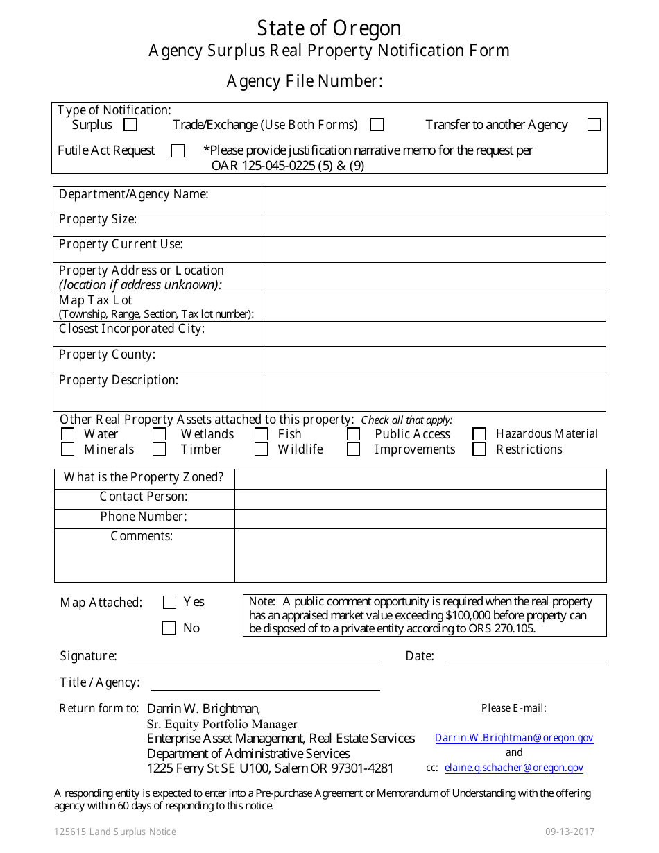 Agency Surplus Real Property Notification Form - Oregon, Page 1