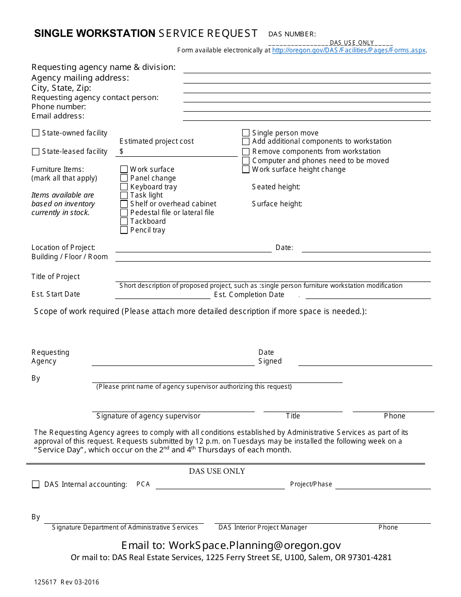 Form 125617 Single Workstation Service Request - Oregon, Page 1