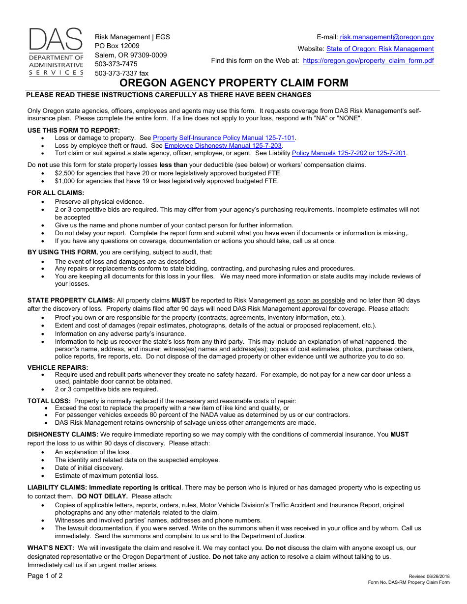 Form DAS-RM Oregon Agency Property Claim Form - Oregon, Page 1