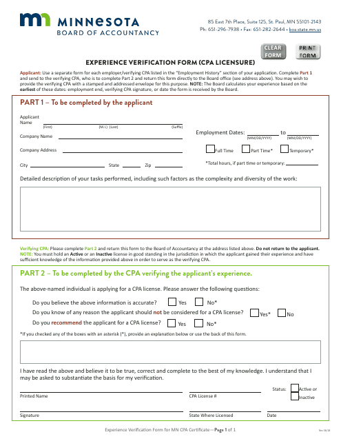 Experience Verification Form (CPA Licensure) - Minnesota Download Pdf