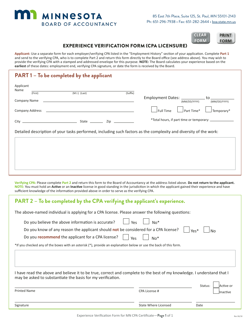 Experience Verification Form (CPA Licensure) - Minnesota, Page 1