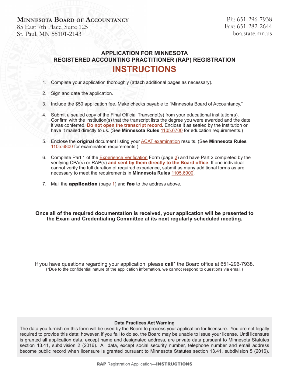 Application for Minnesota Registered Accounting Practitioner (Rap) Registration - Minnesota, Page 1