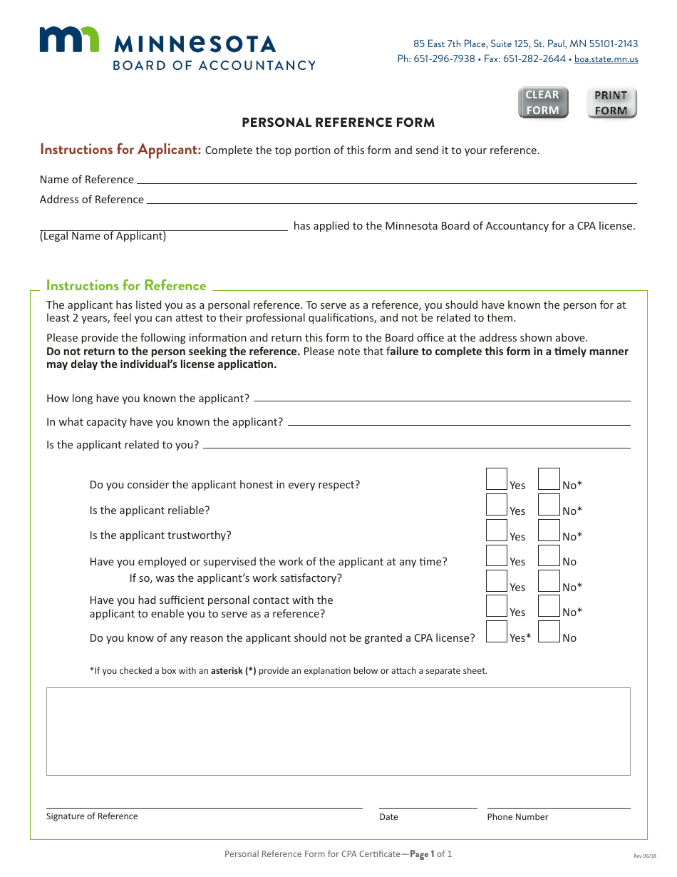 Personal Reference Form - Minnesota, Page 1