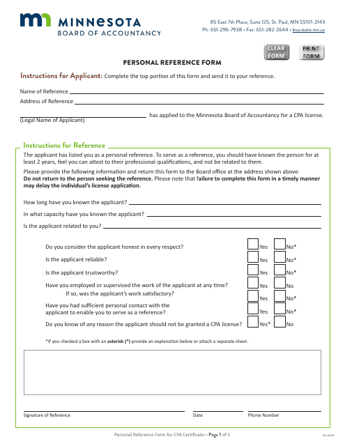 Personal Reference Form - Minnesota Download Pdf