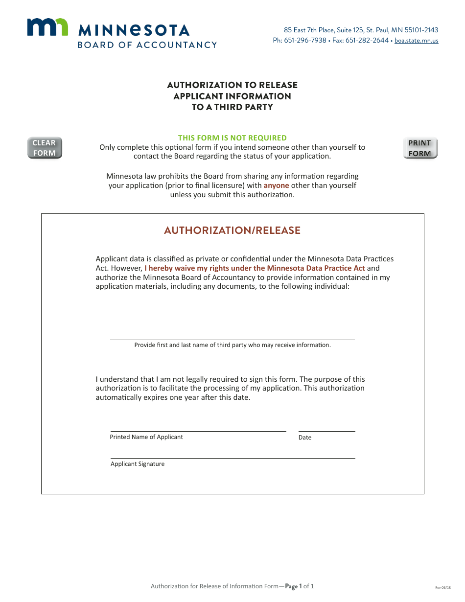 Authorization to Release Applicant Information to a Third Party - Minnesota, Page 1