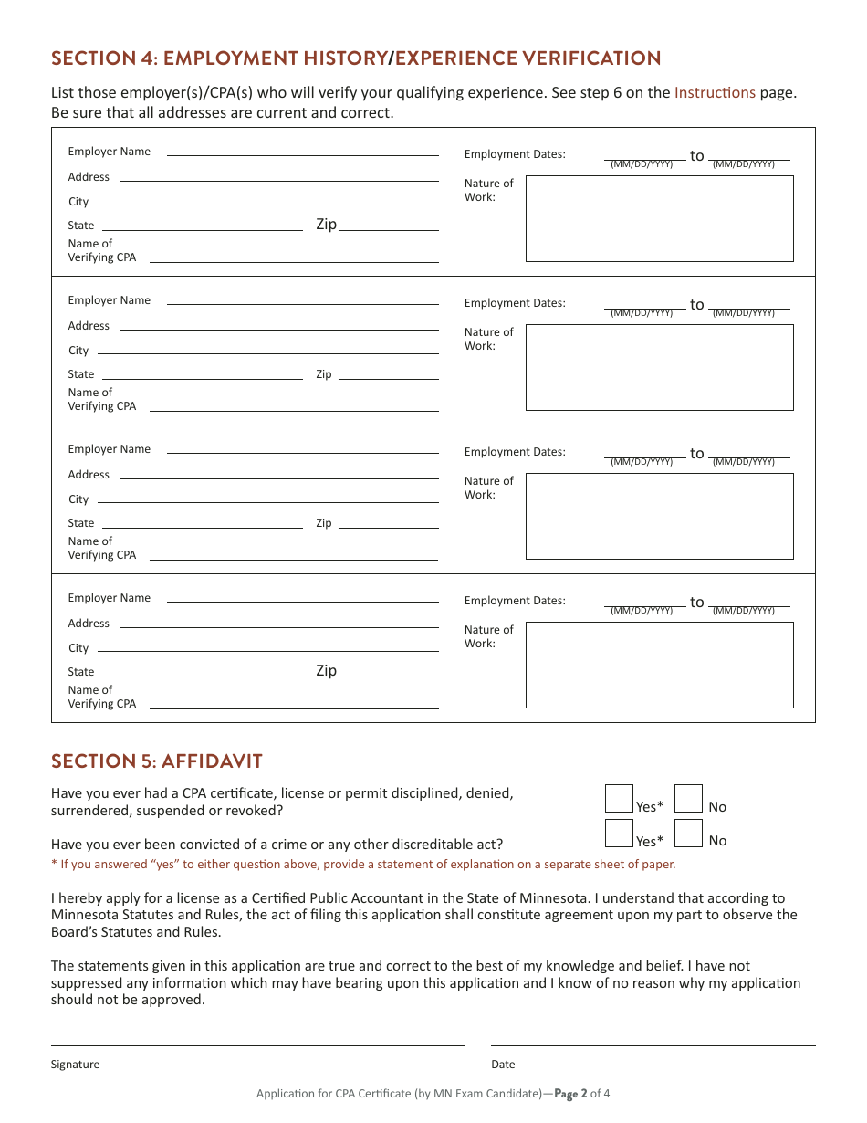 Application for CPA Certificate (License) by Minnesota Exam Candidate - Minnesota, Page 3