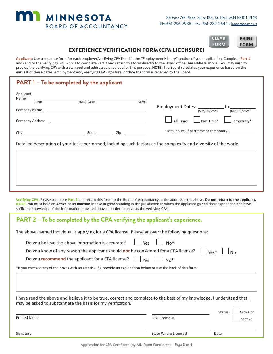 Application for CPA Certificate (License) by Minnesota Exam Candidate - Minnesota, Page 4