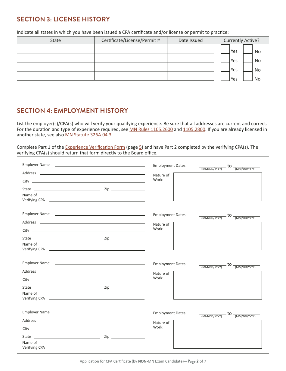 Application for Minnesota CPA Certificate (License) by Non-minnesota Exam Candidate - Minnesota, Page 3