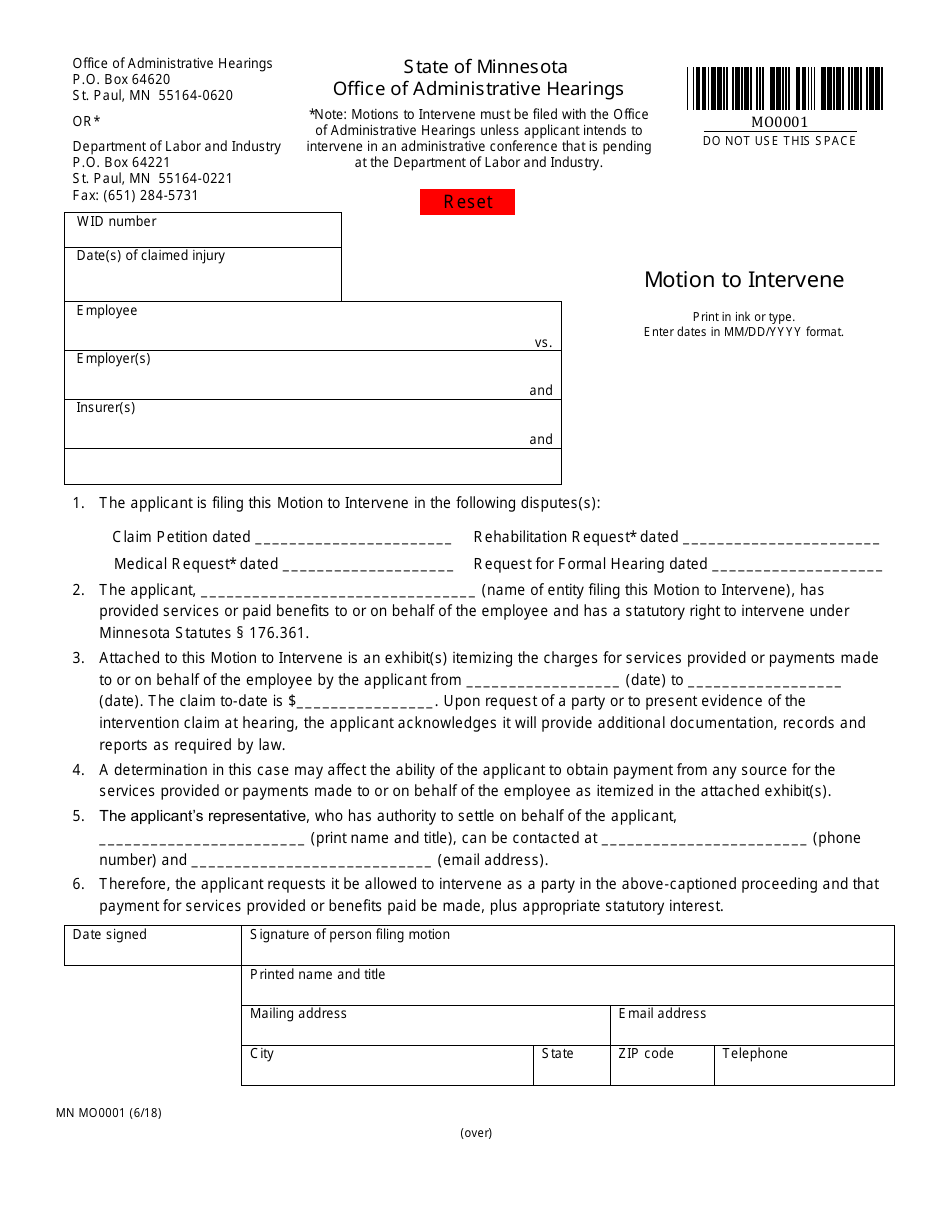 Form MN MO0001 Motion to Intervene - Minnesota, Page 1