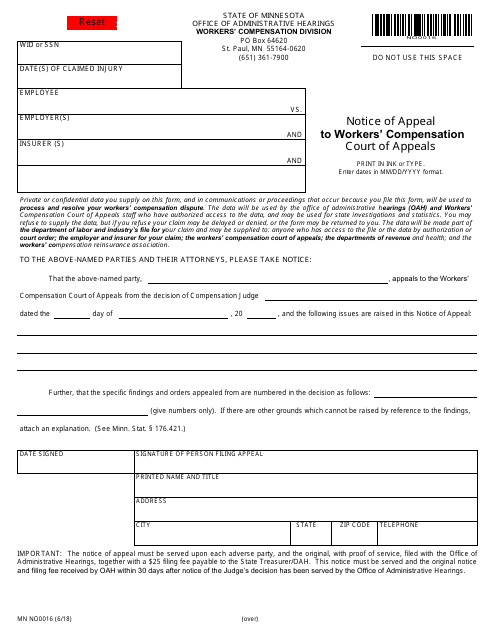 Form MN NO0016 Notice of Appeal to Workers' Compensation Court of Appeals - Minnesota