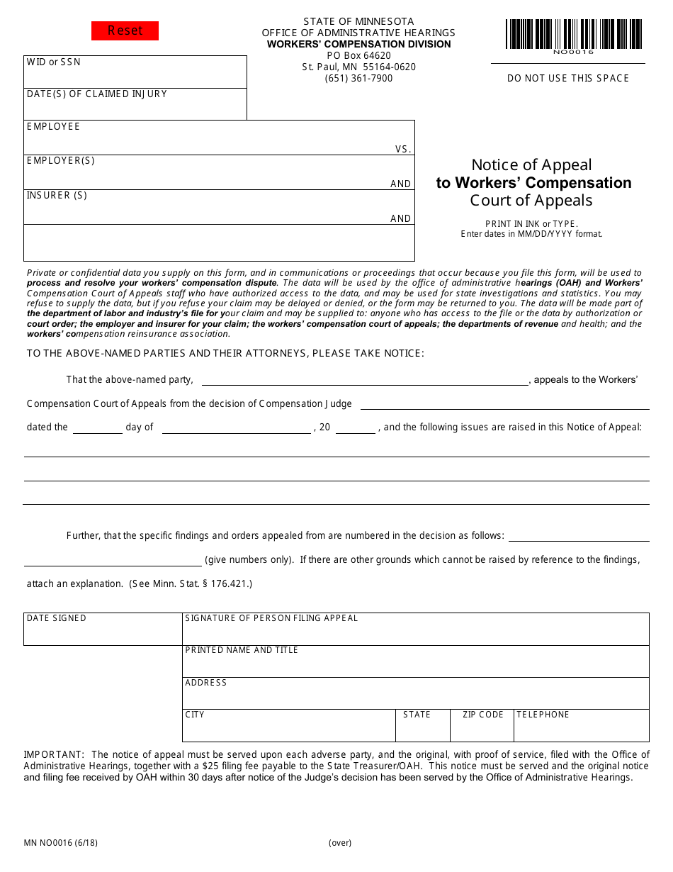 Form MN NO0016 Notice of Appeal to Workers Compensation Court of Appeals - Minnesota, Page 1