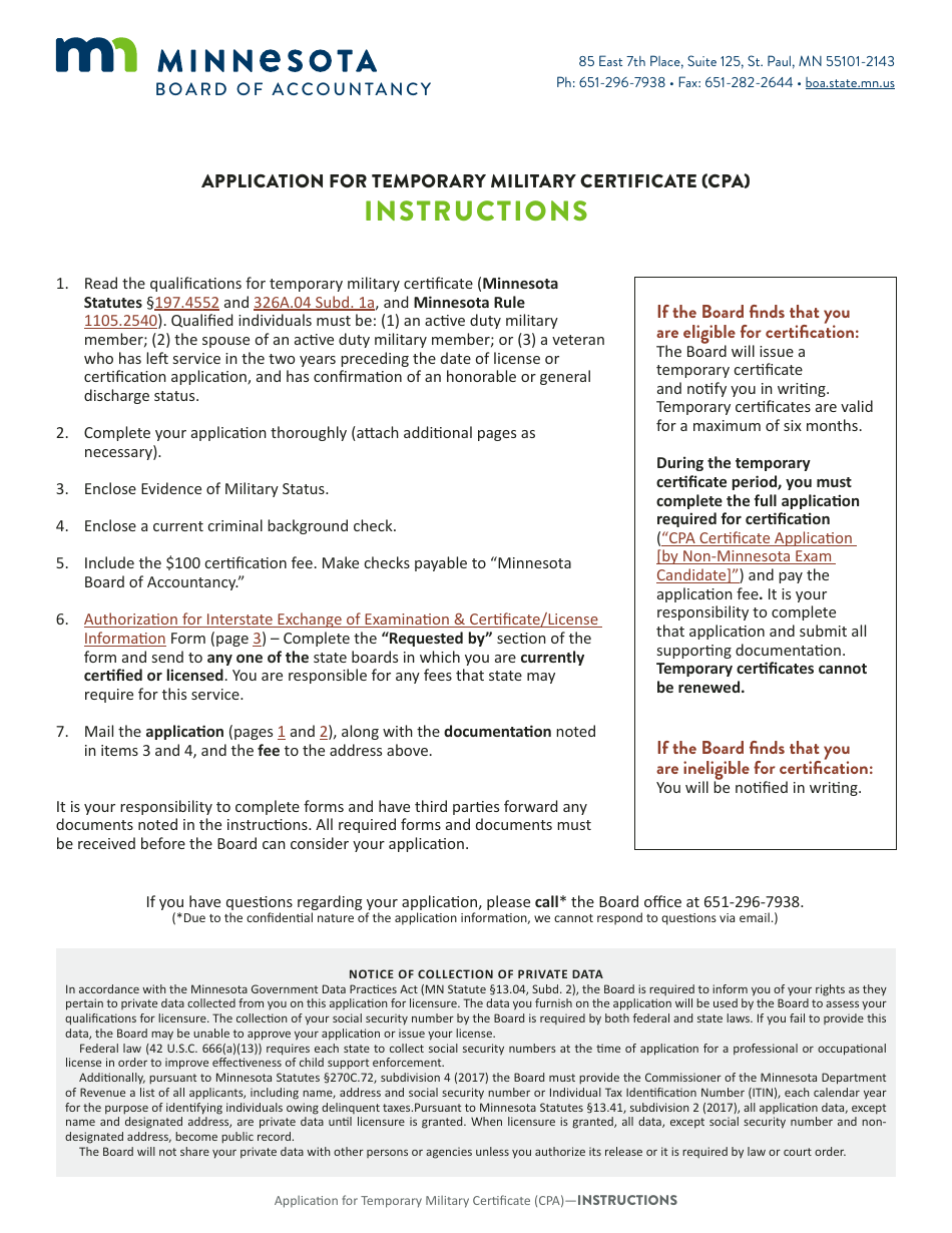Application for Temporary Military Certificate (CPA) - Minnesota, Page 1