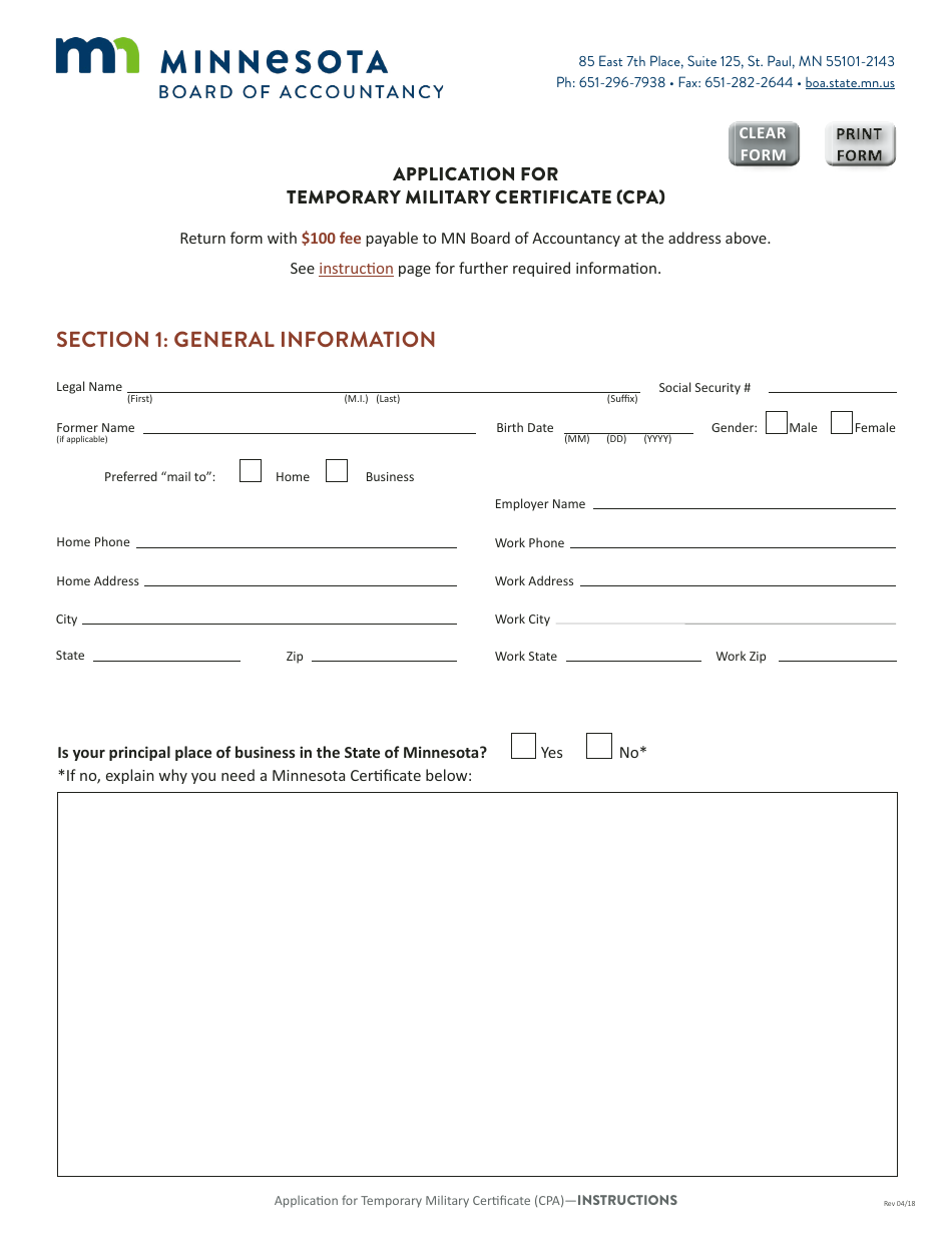Application for Temporary Military Certificate (CPA) - Minnesota, Page 2