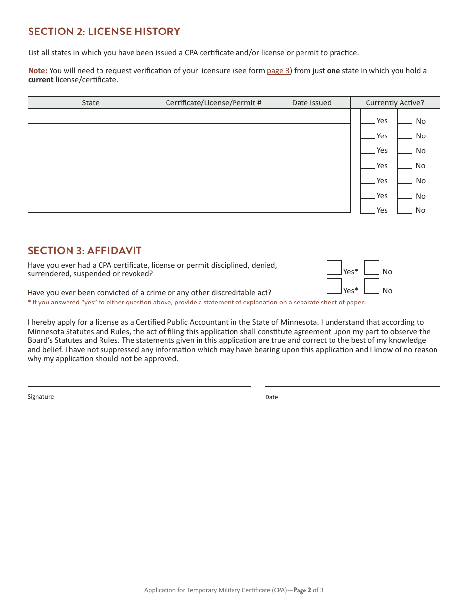Application for Temporary Military Certificate (CPA) - Minnesota, Page 3