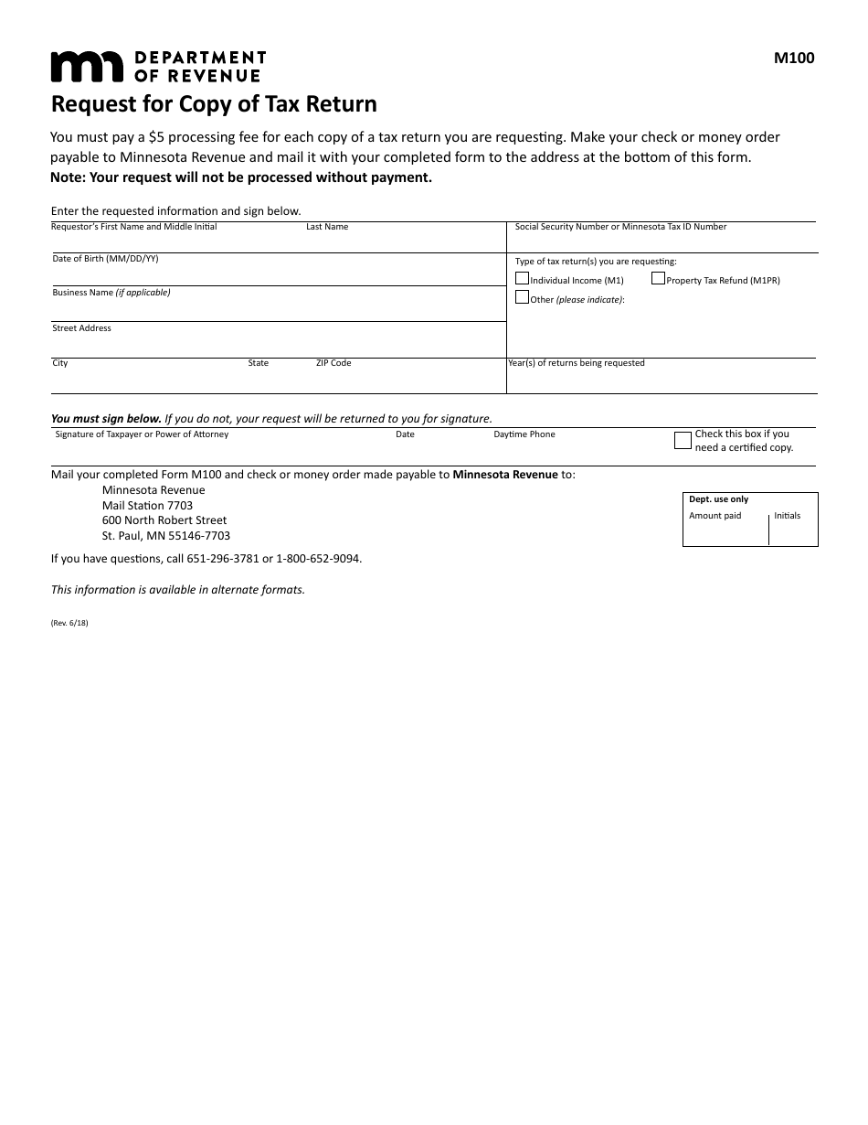 Form M100 Request for Copy of Tax Return - Minnesota, Page 1