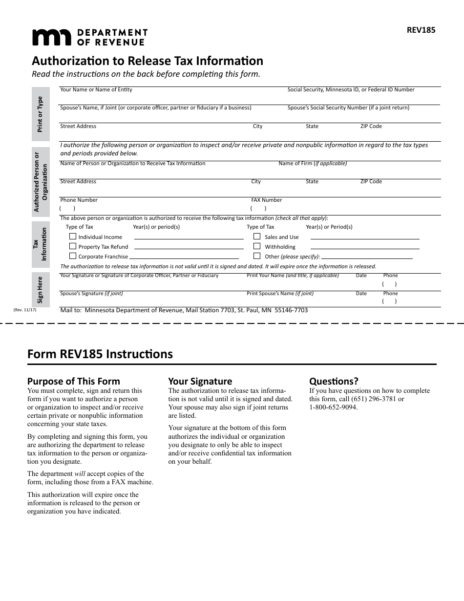 Form REV185 Authorization to Release Tax Information - Minnesota, Page 1