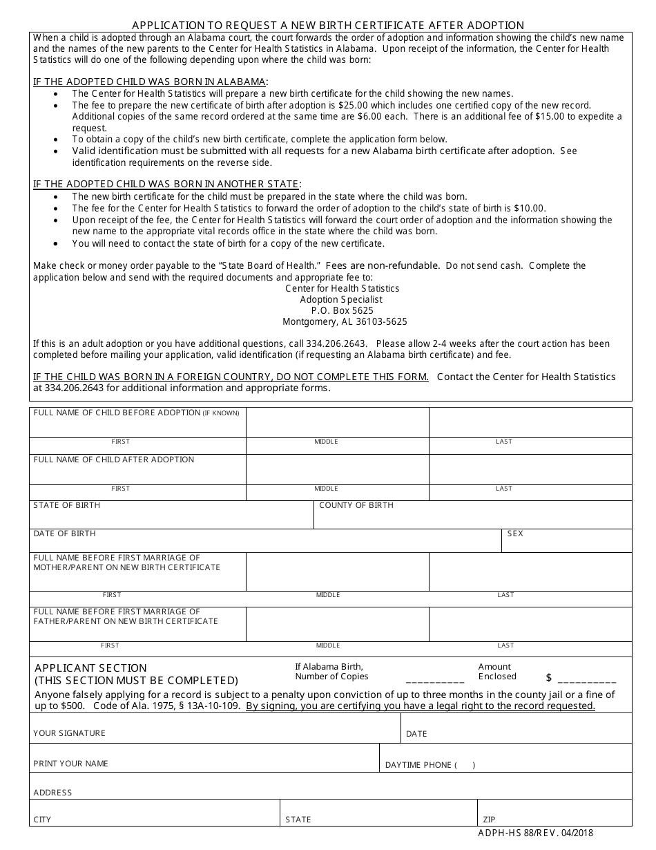 Form ADPH-HS88 Application to Request a New Birth Certificate After Adoption - Alabama, Page 1