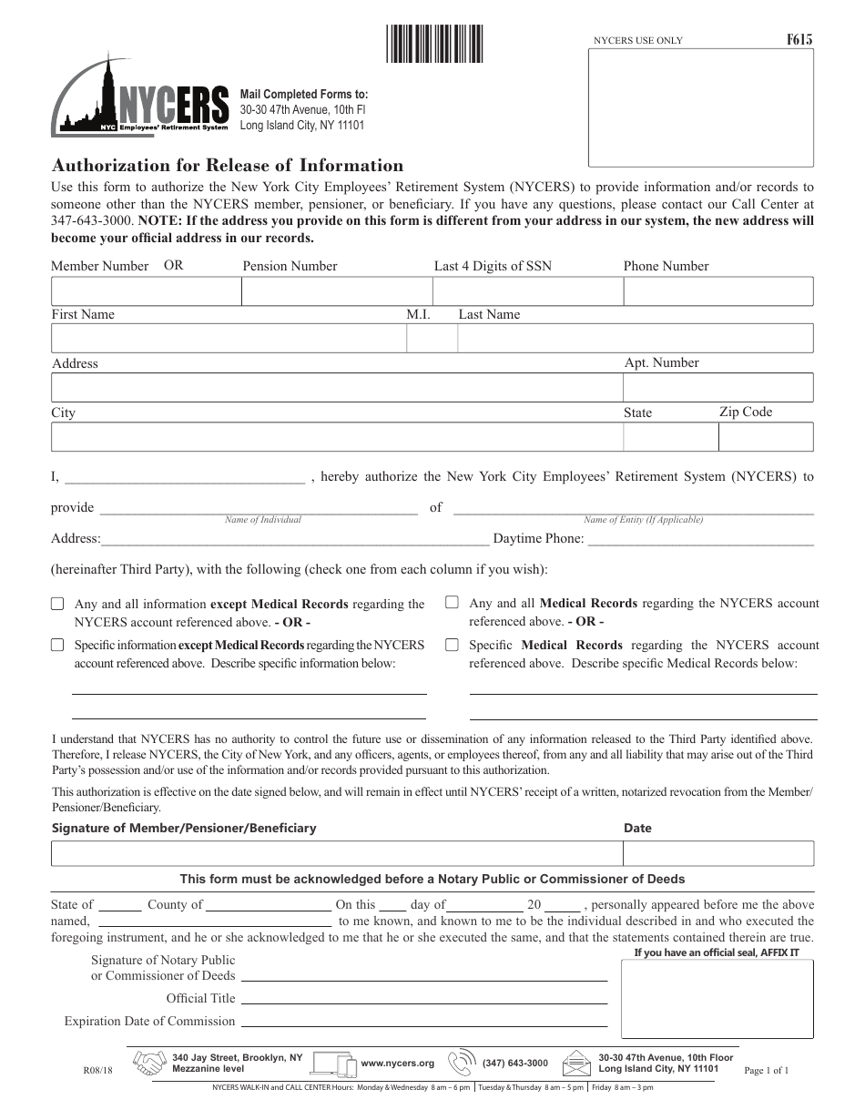 Form 615 Authorization for Release of Information - New York City, Page 1