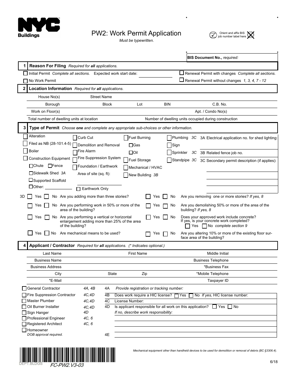 Form PW2 Work Permit Application - New York City, Page 1