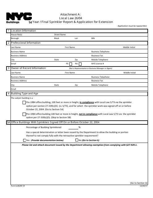 Form LL26/04-14 Attachment A Local Law 26/04 14 Year/Final Sprinkler Report & Application for Extension - New York City