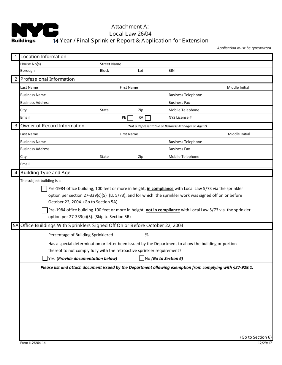 Form LL26 / 04-14 Attachment A Local Law 26 / 04 14 Year / Final Sprinkler Report  Application for Extension - New York City, Page 1