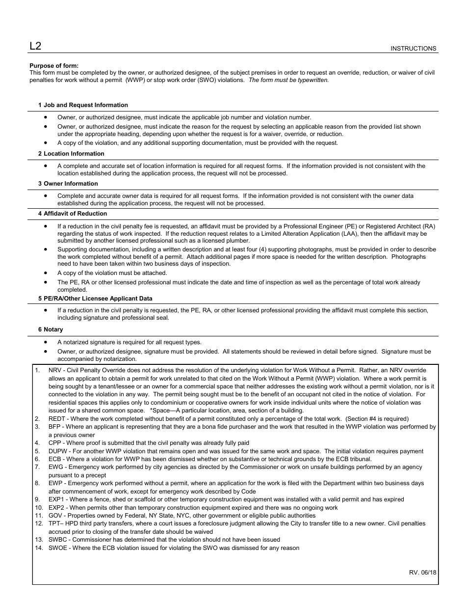 Instructions for Form L2 Requests for Overrides, Reductions, or Waivers of Civil Penalties for Work Without a Permit and Stop Work Order Violations - New York City, Page 1
