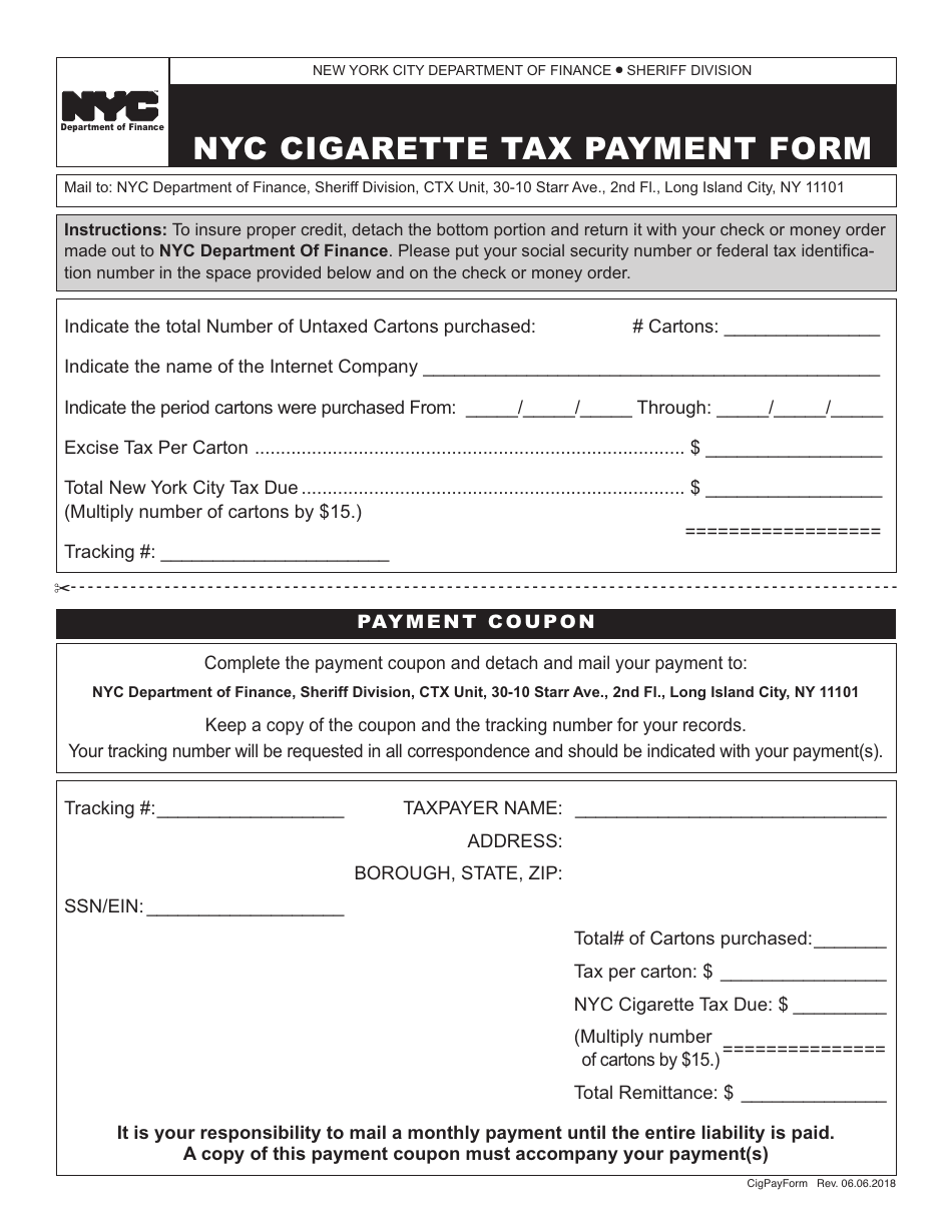 Nyc Cigarette Tax Payment Form - New York City, Page 1