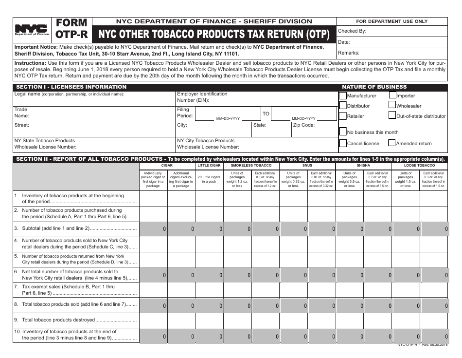 Form OTP-R Nyc Other Tobacco Products Tax Return (Otp) - New York City, Page 1