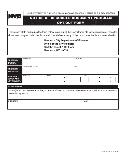 Form CR-0522 Notice of Recorded Document Program Opt-Out Form - New York City