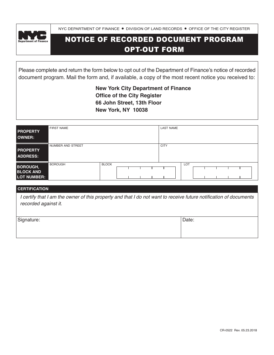 Form CR-0522 Notice of Recorded Document Program Opt-Out Form - New York City, Page 1