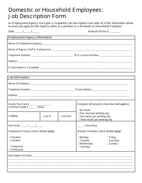 Domestic or Household Employees: Job Description Form - New York City Download Pdf