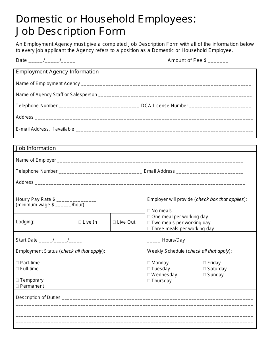 Domestic or Household Employees: Job Description Form - New York City, Page 1