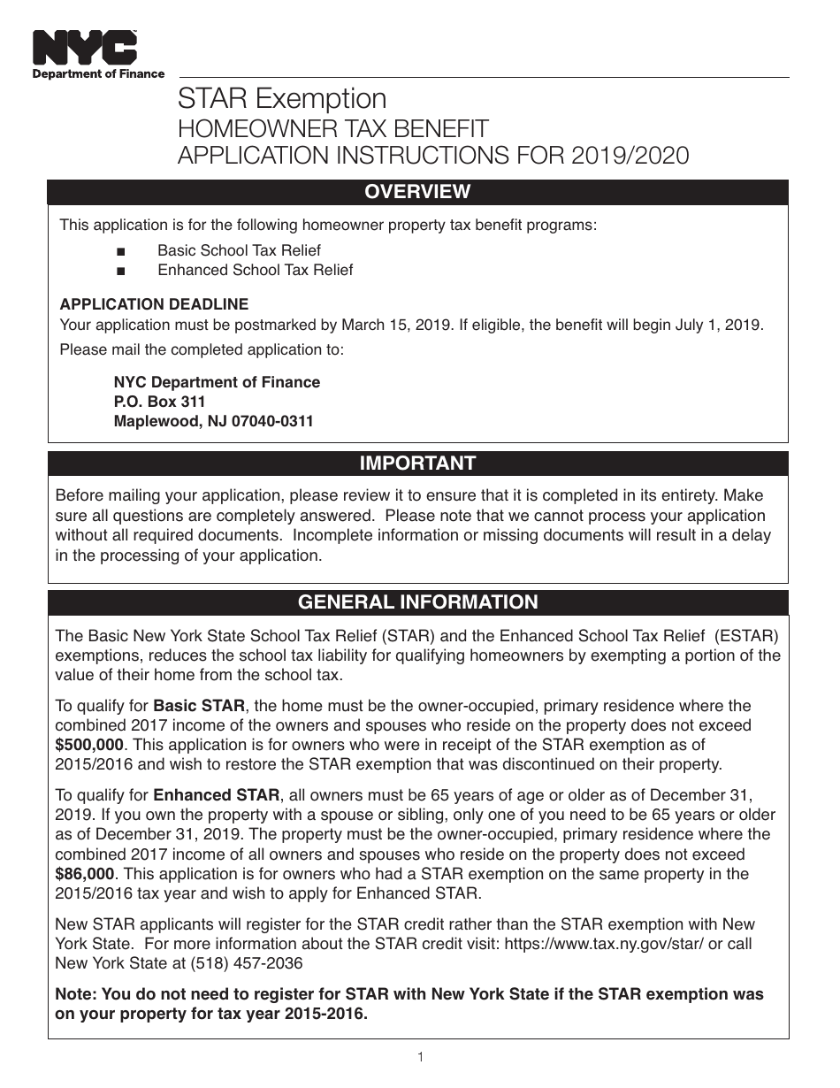 Star Exemption Homeowner Tax Benefit Application for 2019 / 2020 - New York City, Page 1