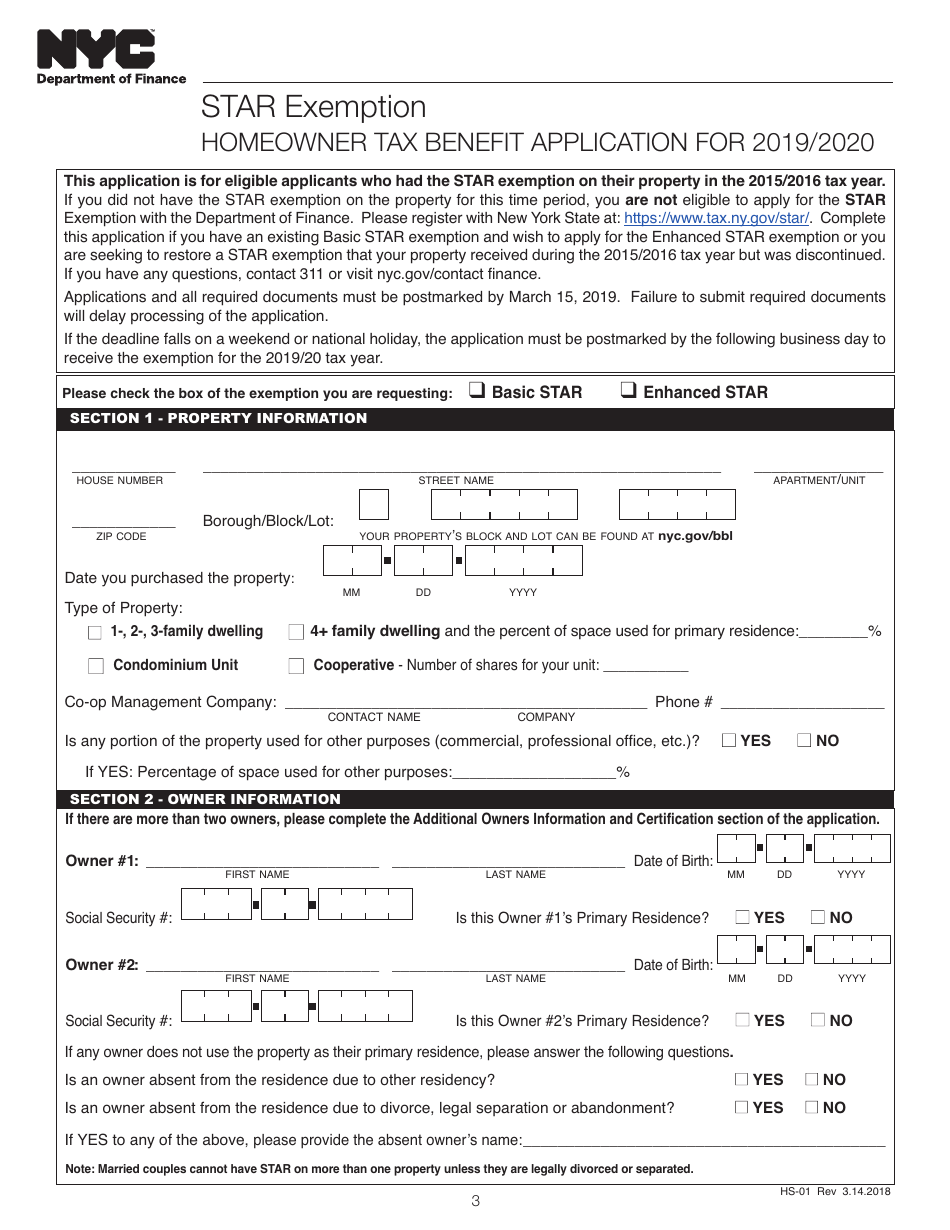 New York City Star Exemption Homeowner Tax Benefit Application For 2019 ...