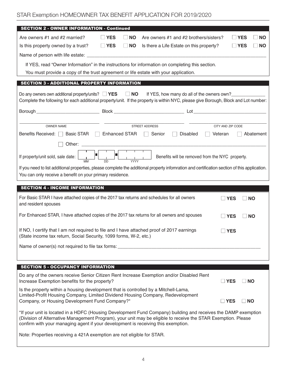 Star Exemption Homeowner Tax Benefit Application for 2019 / 2020 - New York City, Page 4