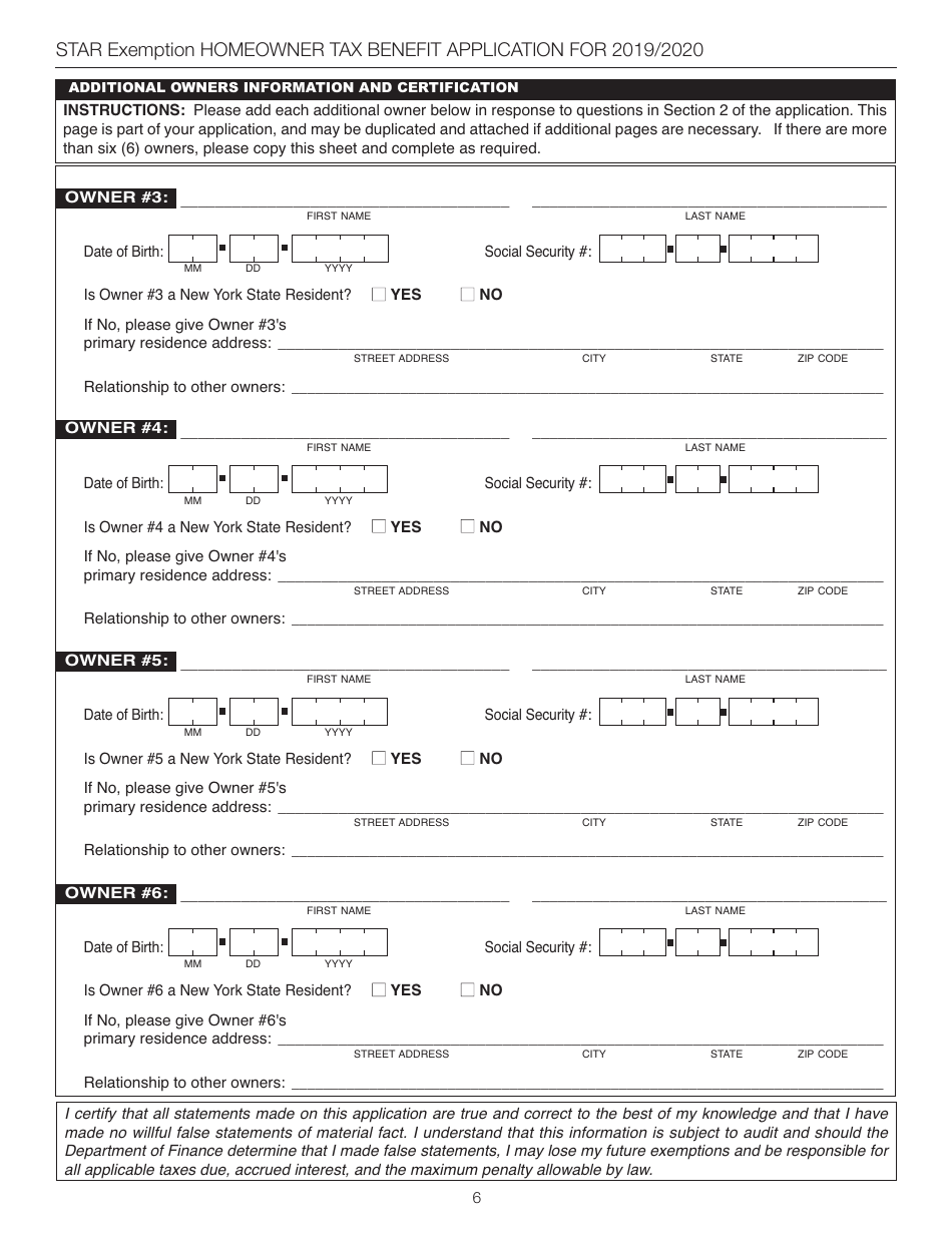 Star Exemption Homeowner Tax Benefit Application for 2019 / 2020 - New York City, Page 6