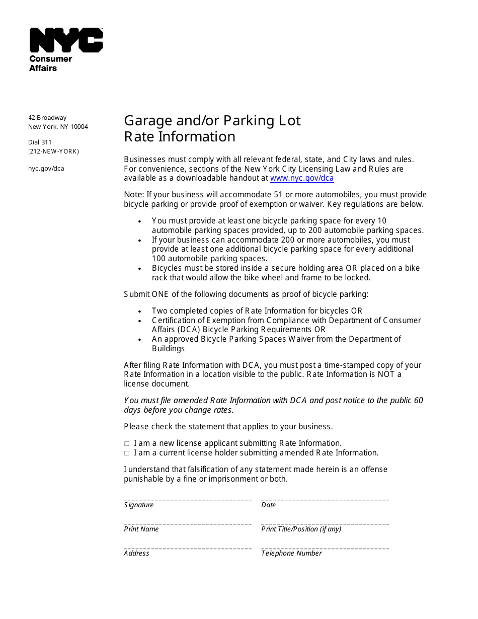 New York City Garage and/or Parking Lot Amended Rate Information Fill