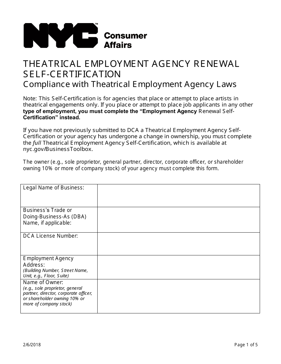 Theatrical Employment Agency Renewal Self-certification - New York City, Page 1
