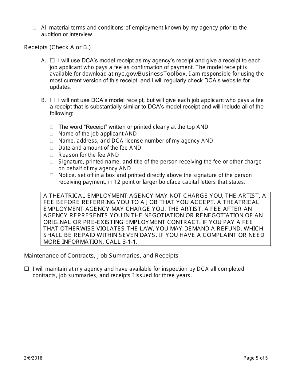 Theatrical Employment Agency Renewal Self-certification - New York City, Page 5